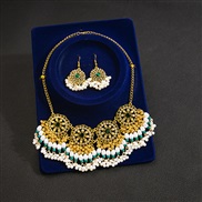 (E2 48 2/ green)occidental style retro wind Metal exaggerating earrings necklace set  sector fully-jewelled Pearl neckl