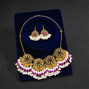 (E2 48 3/ rose Red)occidental style retro wind Metal exaggerating earrings necklace set  sector fully-jewelled Pearl ne