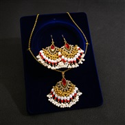 (E1552 4/ red)occidental style retro wind Metal exaggerating earrings necklace set  sector fully-jewelled Pearl necklace