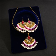 (E1552 5/ rose Red)occidental style retro wind Metal exaggerating earrings necklace set  sector fully-jewelled Pearl ne