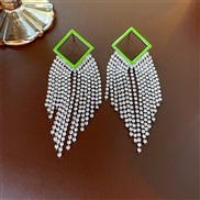 ( Silver needle  greenrhombus  Tassels)elegant hollow rhombus diamond tassel silver earrings occidental style fashion e