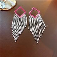 ( Silver needle  Pinkrhombus  Tassels)elegant hollow rhombus diamond tassel silver earrings occidental style fashion ex