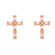 ( Pink)occidental style personality cross ear stud womanins fully-jewelled color zircon cross earringserr