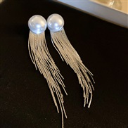 ( Silver needle  SilverPearl  Tassels)elegant Pearl Metal wind tassel silver earrings sweetins long style temperament h