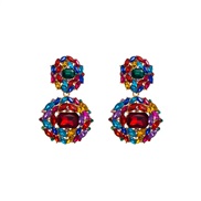 ( Color)R same style earrings Alloy mosaic gem geometry ear stud brilliant temperament Earring