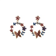 (blue )occidental style exaggerating Alloy diamond flower butterfly earrings personality retro colorful diamond flowers