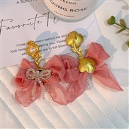 (E 1364  Pink)original handmade Cloth crystal bow earrings  Korea fashion temperament high Earring woman