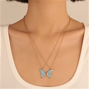 ( 2KCgold  blue2 66)occidental style enamel butterfly necklace Double color set clavicle chain