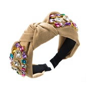 ( khaki) Headband occidental style pure color Cloth embed glass diamond Headband width high retro wind