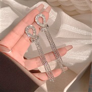 (A626silvery ~ Silver needle)super high bow earrings tassel long style personality exaggerating high geometry ear stud 