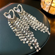 ( Silver needle  Silver Tassels)personality Metal sequin zircon love tassel silver earrings occidental style exaggerati