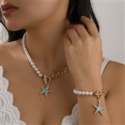 ( Gold+ blue 5185)occidental style  wind color starfish pendant necklace  asymmetry imitate Pearl