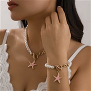 ( Gold+ Pink 5185)occidental style  wind color starfish pendant necklace  asymmetry imitate Pearl