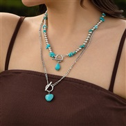 ( White k2 5192)occidental style retroins wind imitate turquoise Peach heart pendant necklace  ethnic style Metal chain