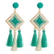 ( Lake Blue ) Bohemian style Alloy tassel earrings creative rhombus long style ethnic style travel Earring