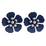 ( Dark blue)Korean style fashion Alloy embed Pearl flowers ear stud woman summer small fresh all-Purpose high earrings 