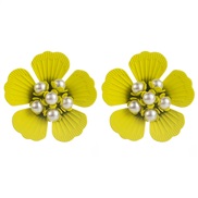 ( yellow)Korean style fashion Alloy embed Pearl flowers ear stud woman summer small fresh all-Purpose high earrings Ear