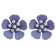 (purple)Korean style fashion Alloy embed Pearl flowers ear stud woman summer small fresh all-Purpose high earrings Earr