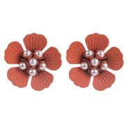 ( red)Korean style fashion Alloy embed Pearl flowers ear stud woman summer small fresh all-Purpose high earrings Earring