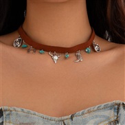 ( 1  White K+ brown 6647)occidental style retro ethnic style head turquoise necklace  personality Cowboy velvet chain c