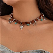 ( 2  White K+ brown 6648)occidental style retro ethnic style head turquoise necklace  personality Cowboy velvet chain c