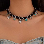 ( 2  White K+ black 6648)occidental style retro ethnic style head turquoise necklace  personality Cowboy velvet chain c