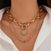 ( 1  Gold 5266)occidental style wind diamond leaf flower necklace  personality Metal chain buckle clavicle