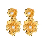 ( Gold)gold petal Earring medium temperament Pearl flowers earrings woman high retro personality ear stud