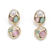 (Ligh  Pinkgreen )ins wind occidental style ear stud geometry pendant Pearl earrings Alloy diamond Earring earring