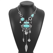 ( anti silver)occidental style ethnic style exaggerating pattern embed turquoise Alloy necklace  retroY chain