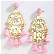 ( Pink)occidental style Bohemian style Alloy pattern geometry tassel long style earrings high tassel Earring