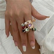 ( 1 Ligh  Gold  793)occidental style exaggerating retro color gem Pearl tassel ring woman  personality turquoise loveRi