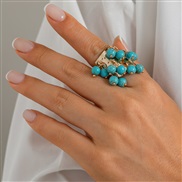 ( 3  Gold  796K4)occidental style exaggerating retro color gem Pearl tassel ring woman  personality turquoise loveRing