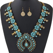 occidental style  trend  Metal Bohemia turquoise exaggerating temperament short style necklace earrings set